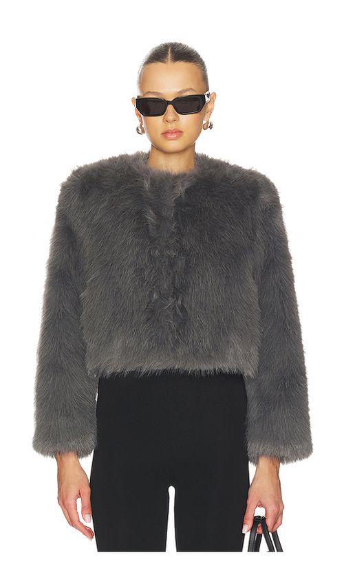 MISA Los Angeles Jordyn Cropped Faux Fur Jacket in Dark Grey in Grey. XL. Also in L, M