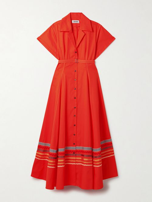 Belted Ric Rac And Grosgrain-trimmed Cotton-twill Maxi Shirt Dress - Orange