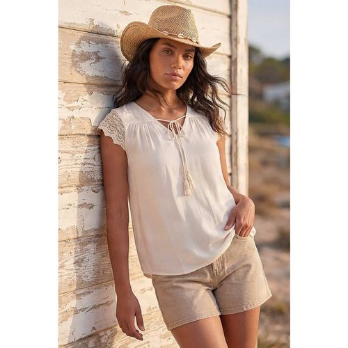 Roman Women's Satin Crochet Tie Front Tunic Top in Crea