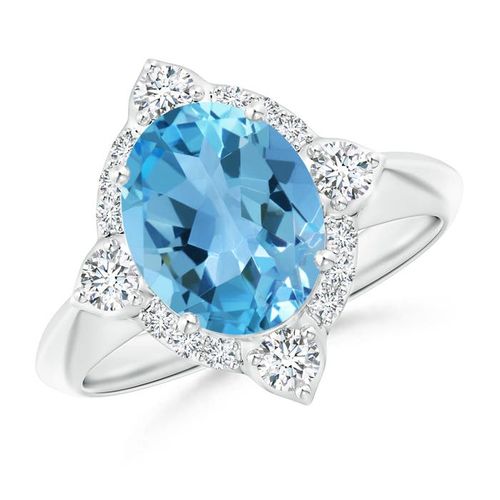 Angara 3.25 Carats Oval Swiss Blue Topaz Compass Ring with Diamond Halo in Platinum