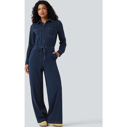 Halara Halara Flex™ Long Sleeve Drawstring Wide Leg Washed Denim Casual Jumpsuit with Pockets-Easy Peezy Edition - Inkling Blue Deni