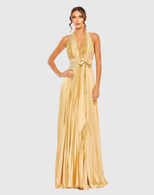 Gold Pleated Halter Neck Wedding Guest Maxi Gown with Center Bow
