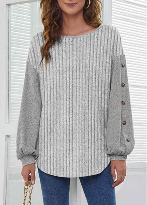 Modlily Grey Button Long Sleeve Round Neck Sweatshirt