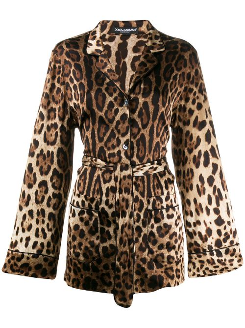 Leopard-print satin pajama shirt - Brown
