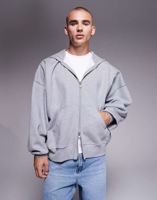 Premium heavyweight extreme oversized zip through hoodie in 400gsm grey marl