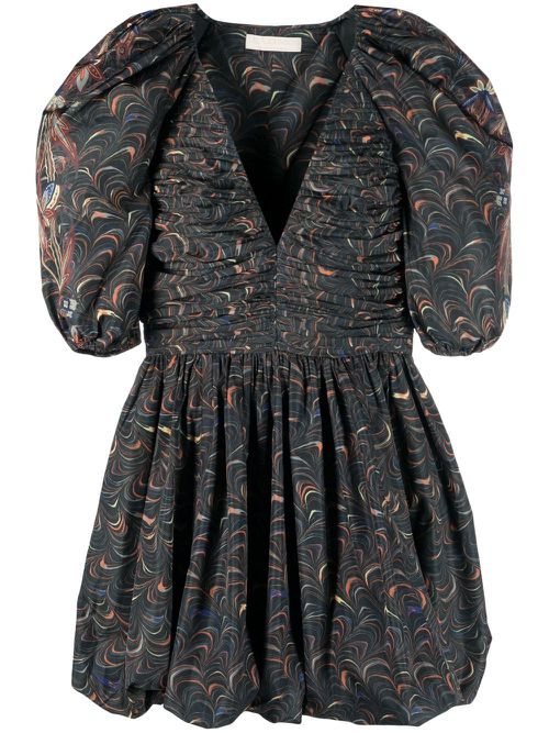 Marbled puff-sleeve ruched dress - Green