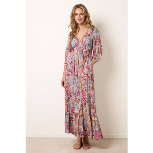 Blue Vanilla Women's Shirred Waist Multi Long Sleeve V-neck Maxi Dress | : Large