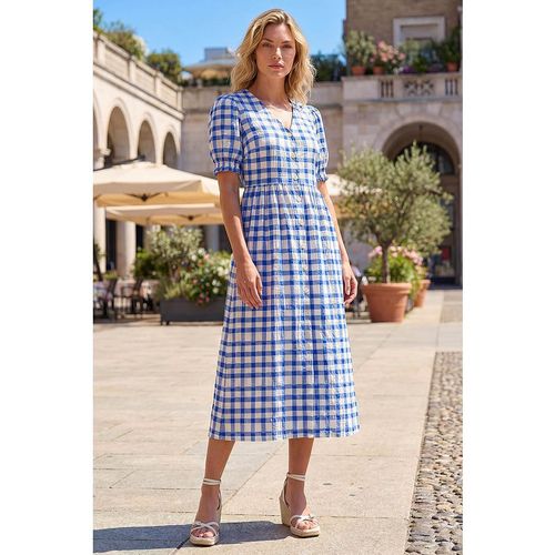 Roman Womens Check Button Midi Dress - Blue