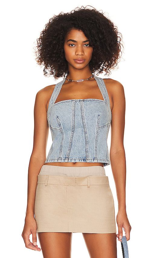 GRLFRND Tianna Halter Bustier in Denim-Light.  XS. Also in