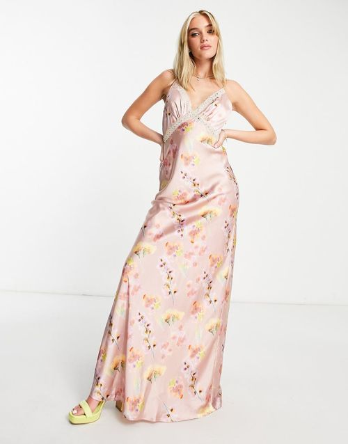Hope & Ivy lace insert satin maxi dress in lilac floral-Purple