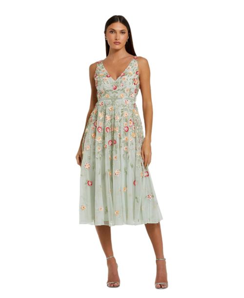 Women's Deep V-Neck Embroidered Midi Dress - Sage multi