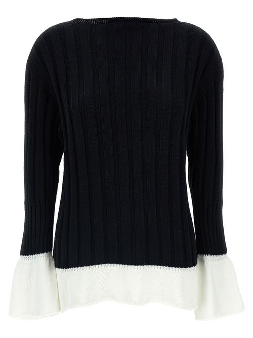 Ribbed Cotton with Crocheted Flounce Sweater — Black