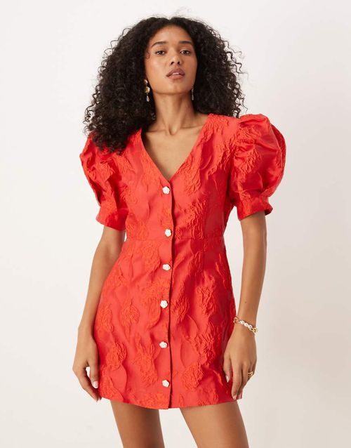Rhinestone button jacquard mini dress in red
