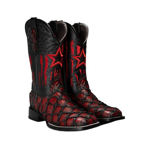 Men’s Genuine Leather Exotic Pirarucu Fish Skin Print Square Toe Cowboy Western Boots - Black Cherry (1, Black Cherry,  US Footwear