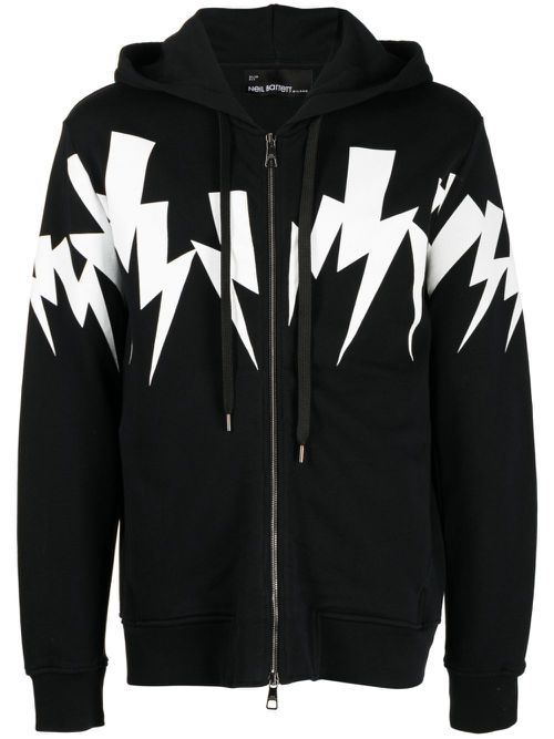 Thunderbolt-print zip-up hoodie - Black