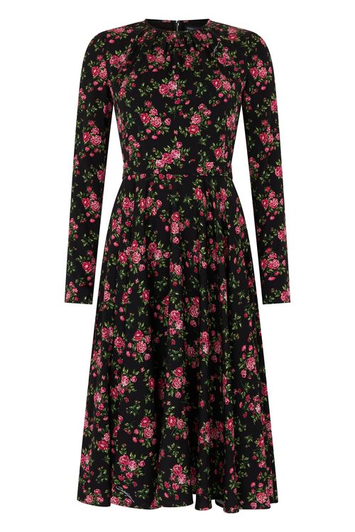 -Inspired Silk Floral Long-Sleeve Dress, Calf Length