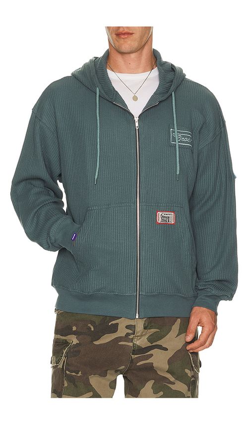 Deva States Cross Waffle Knit Zip Up Hoodie in Blue. M. Also in S, L, XL/1X, XXL/2X