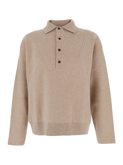 Wool Polo-Collar Sweater — Beige