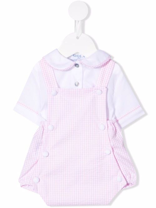 Check-print cotton playsuit set - Pink