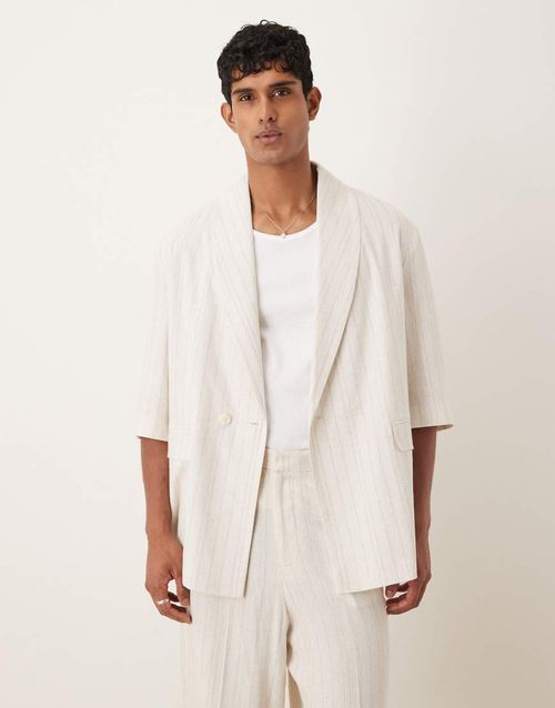 Linen mix slouchy oversized suit jacket in stone pinstripe-Neutral