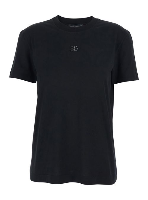 Black Crewneck T-Shirt With Logo Embroidery With Beads On The Front In Cotton Woman