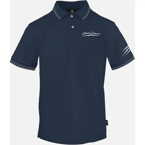 Men's Plein Sport Signature Logo Twin Tipped Navy Blue Polo Shirt - Size: 40/Regular
