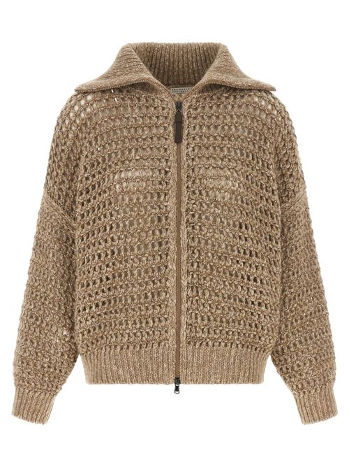 Sequin-Embellished Mesh Cardigan — Beige