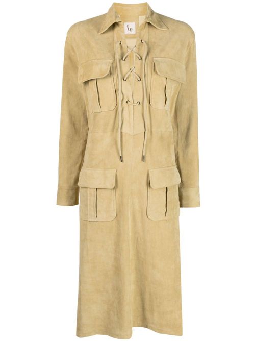 Spread-collar leather midi dress - Neutrals