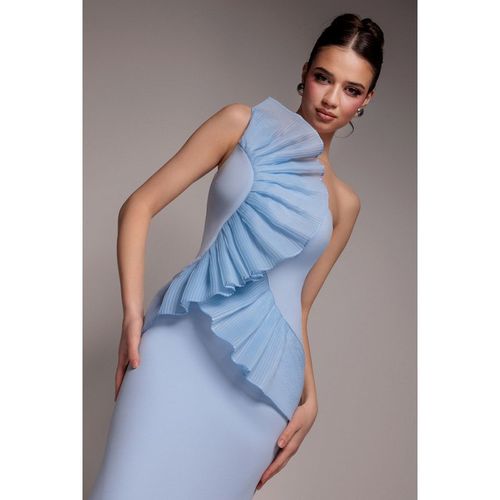 Goddiva One Shoulder Pleated Fan Maxi Dress - Powder Blue
