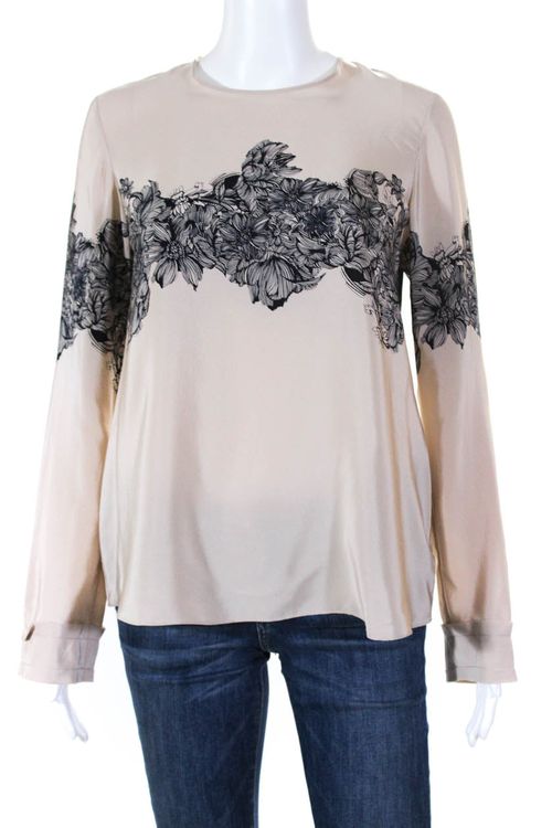 Women Floral Scroll Design Long Sleeve Blouse Beige Silk