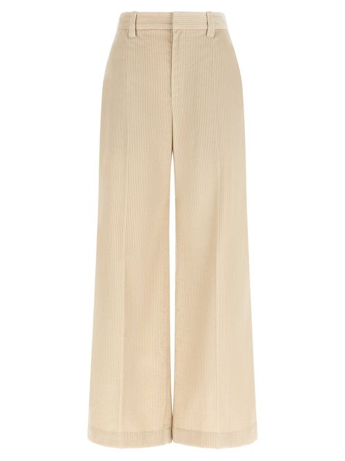 Ribbed Cotton Wide-Leg Trousers — Beige