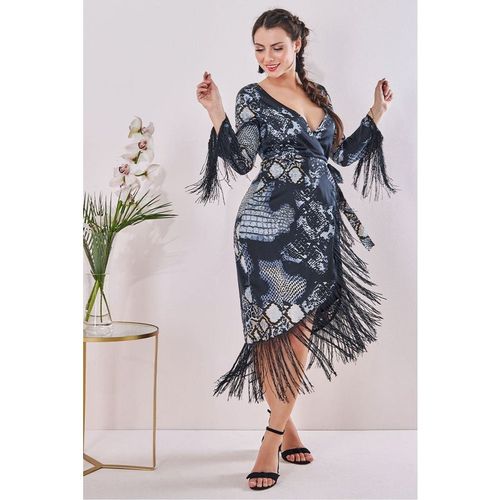 Goddiva Maternity Tassel Foil Print Wrap Midi Black