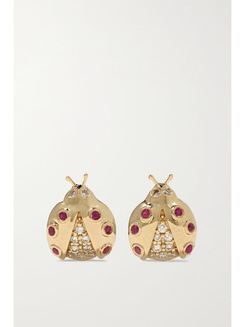 Small Ladybug 14-karat Gold, Ruby And Diamond Earrings - One size