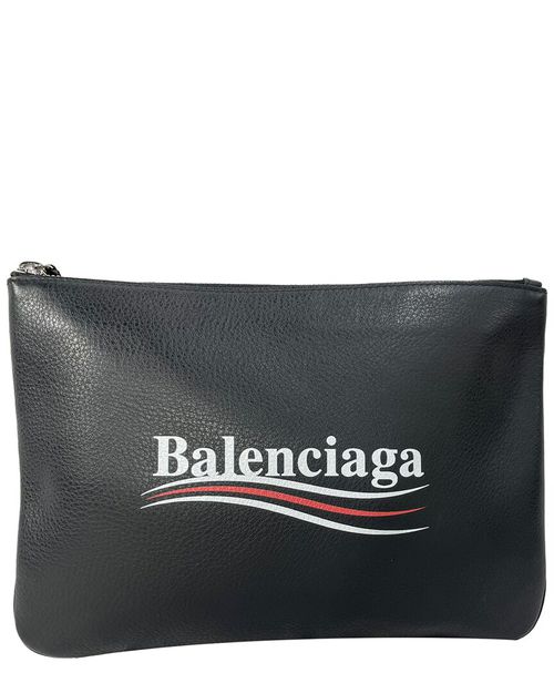 Balenciaga Black Leather Logo Campaign Print Zipped Pouch Bag (Authentic Pre-Owned)