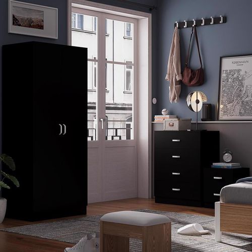 Black 3 Piece Bedroom Furniture Set Bedside, Wardrobe, 4 Drawer Chest