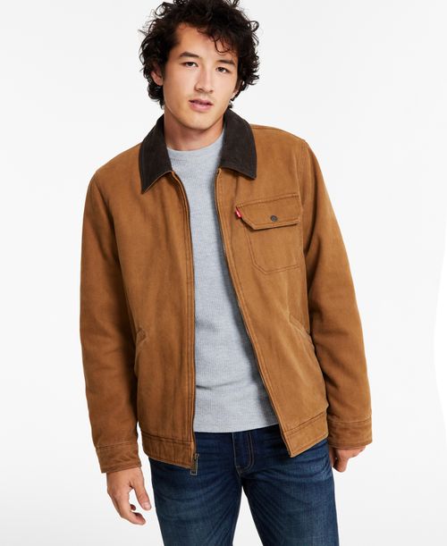Men's Cotton Canvas Zip-Front Utility Jacket - Brown
