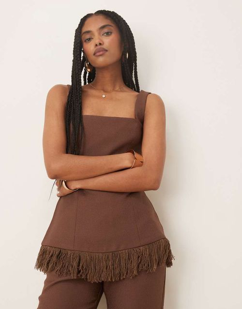 Verona fringed tweed top co-ord in chocolate-Brown