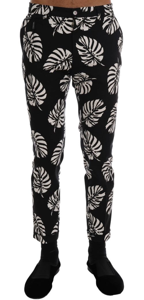 Leaf-Print Cotton Stretch Trousers — Black