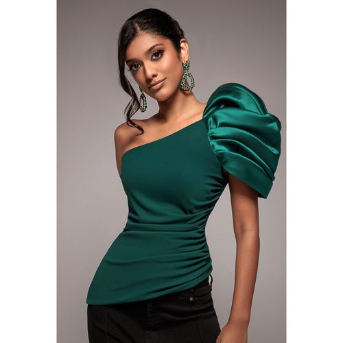 Goddiva One Shoulder Puffed Satin Sleeve Asymmetric Scuba Top - Emerald Green
