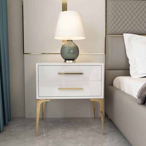 Modern White Bedside Table Glossy 2-Drawer Classic Bedside Cabinet High Leg