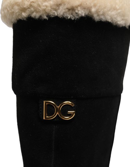 Suede and Shearling Knee-High Boots — Black