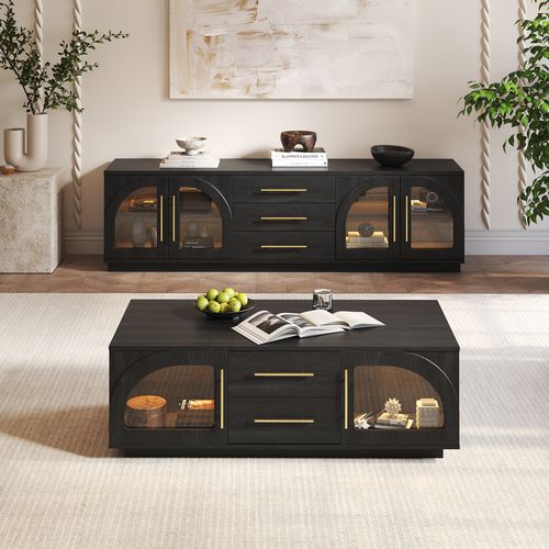 Arune 80" Mid Century Modern Black TV Stand Coffee Table Set with LED Lights and Arched Glass Cabinet Door