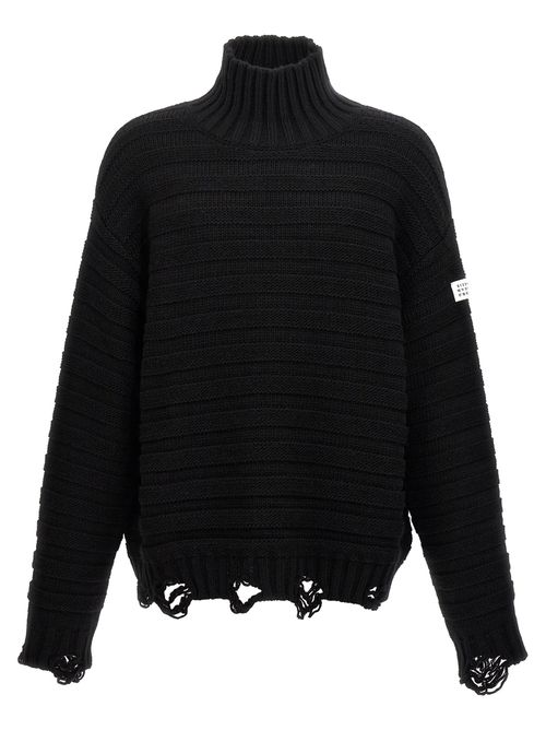 -Destroyed Ribbed Sweater Maglioni Nero-Uomo