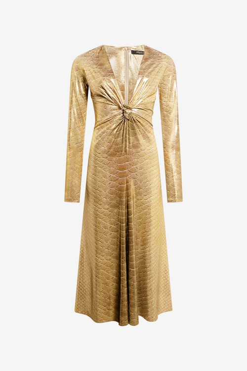 Beige Gold Midi Dress With Scale Print