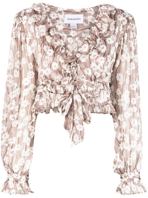 Floral-print cropped blouse - Brown