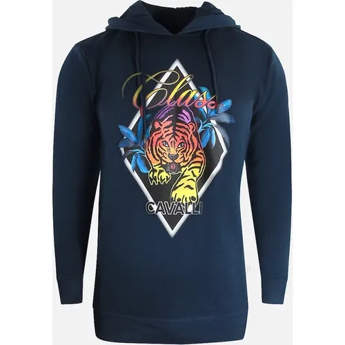 Men's Cavalli Class Diamond Tiger Design Navy Blue Hoodie - Navy/Navy