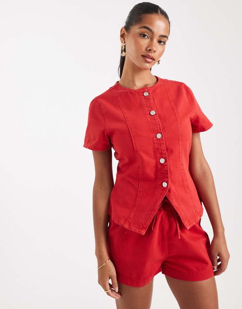 Denim button up short sleeve top in letterbox red