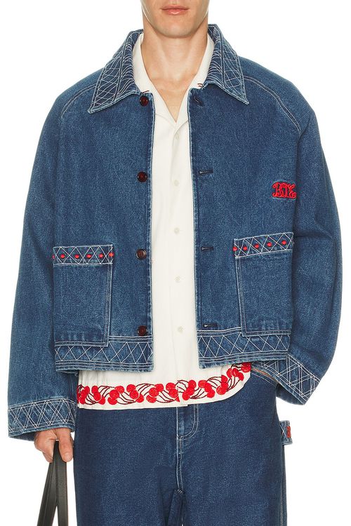 BODE Embroidered Denim Jacket in Indigo - Blue. L also in XL/1X