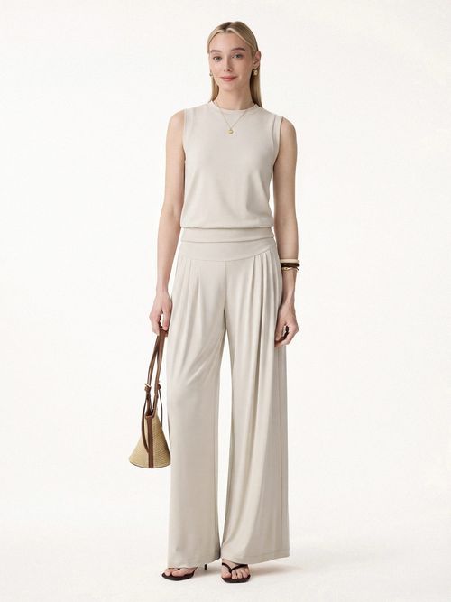 2Pcs Set Crew Neck Top & Flowy Tucked Palazzo Pant with Pockets - Morning Mist / XS