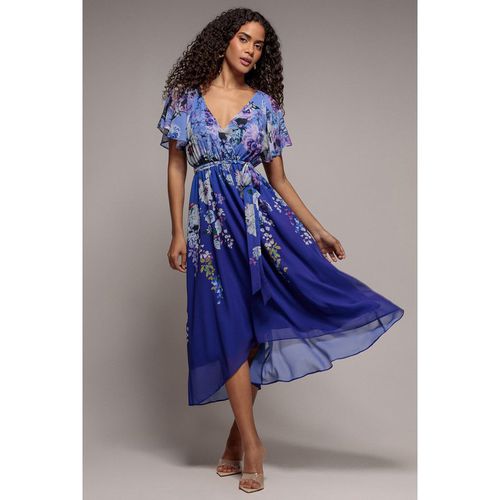 Goddiva Flutter Sleeve A-Line Chiffon Floral Printed Midi Dress - Royal Blue